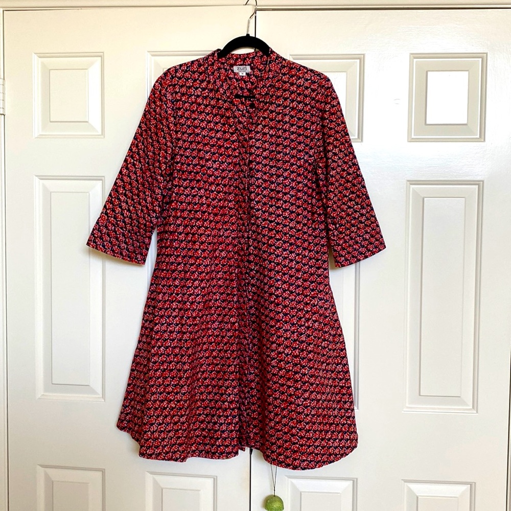 Zuri brand sustainable fashion dress, duster.School of fish pattern.